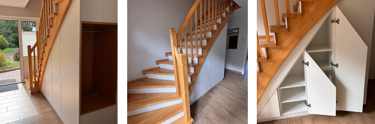 Maßgefertigter Einbauschrank unter der neuen geschlossenen Treppe